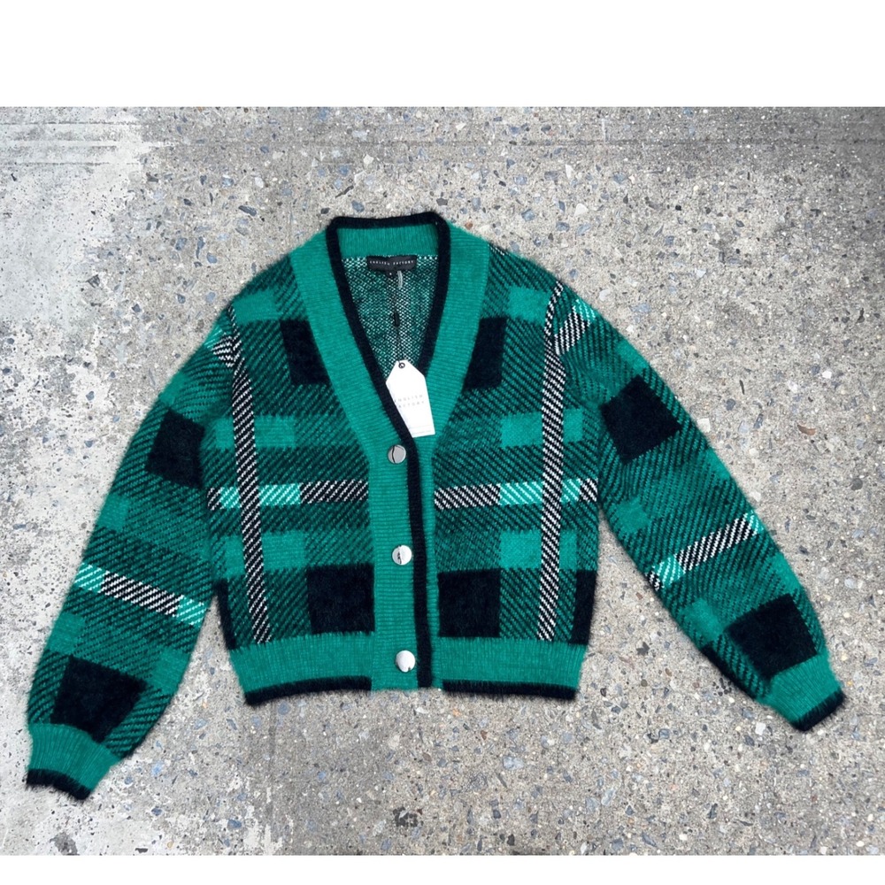 English Factory Taylor Plaid Fuzzy Knit Cardigan Green Black CK916J-V NWT Small